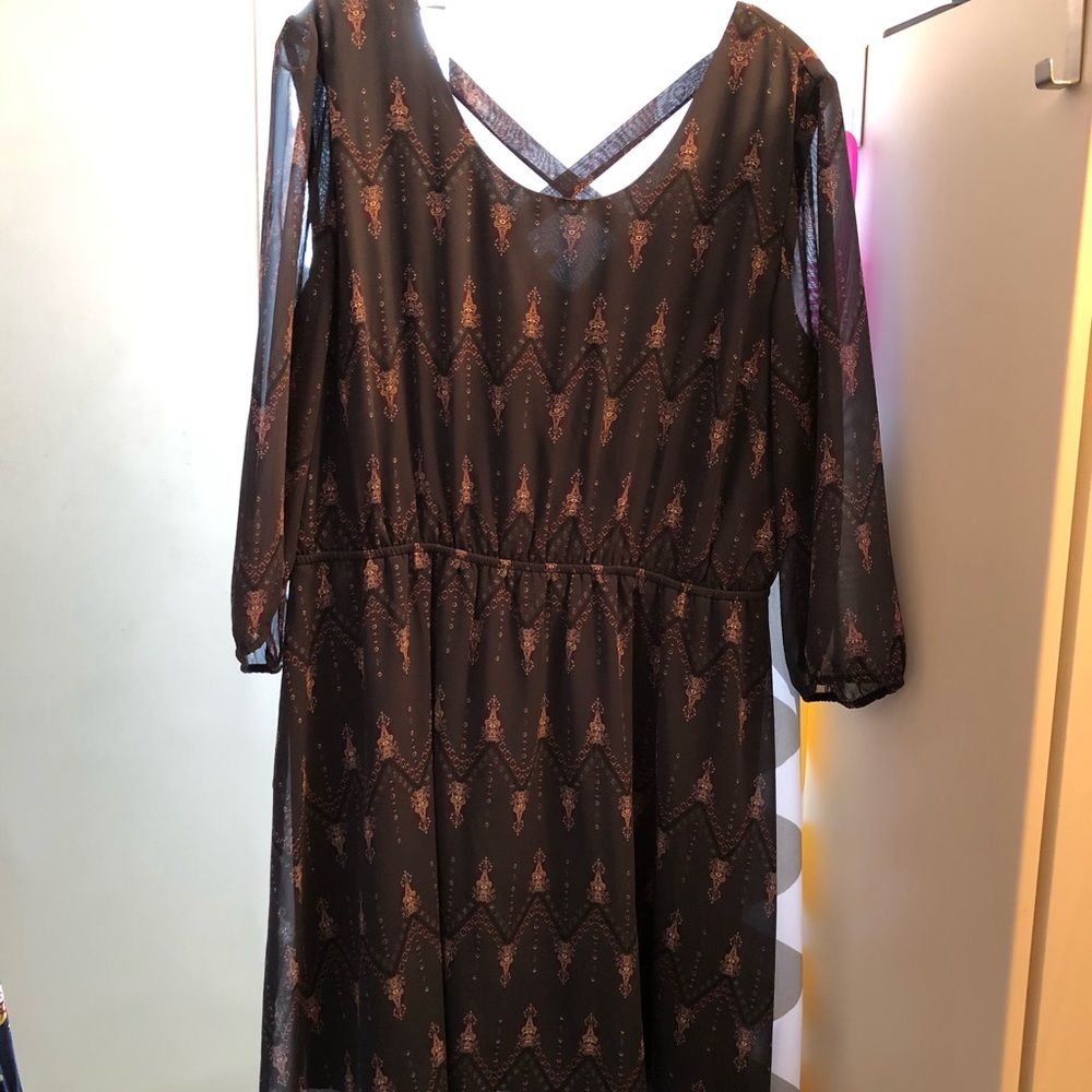 Gray sleeved dress.